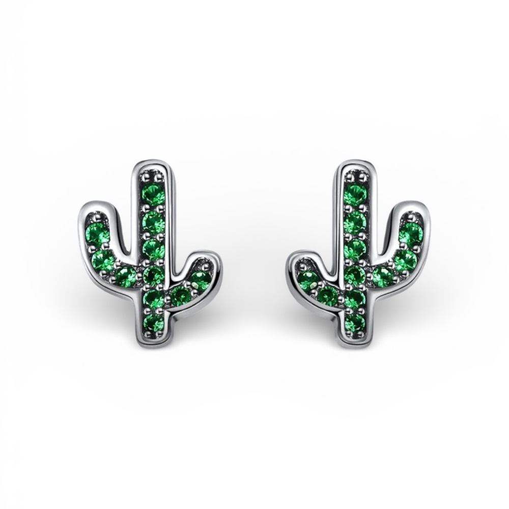 Sterling Silver Green Rhinestone Cactus Stud Earrings